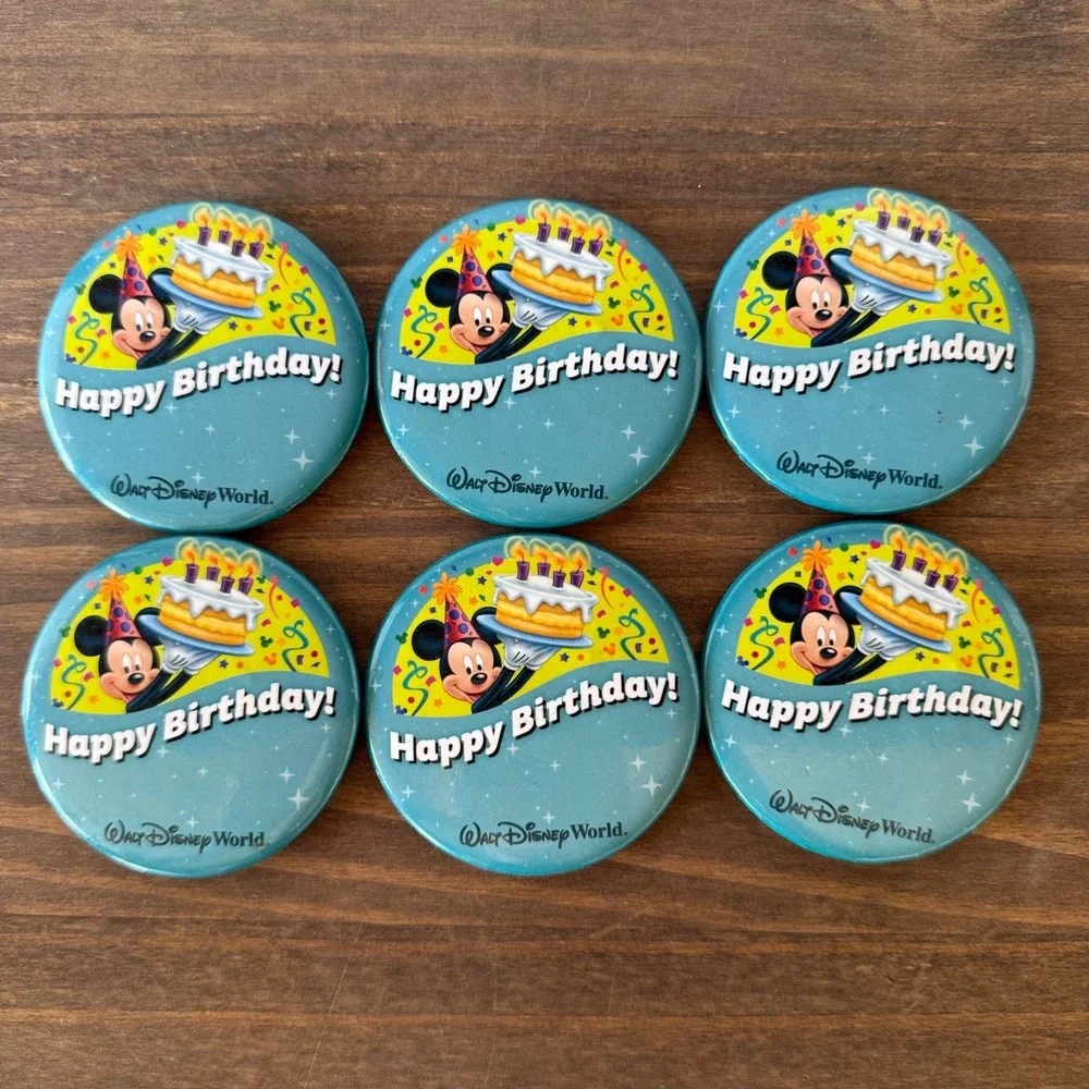 6pc Disney World Happy Birthday Mickey Mouse Button Pins Lot of 6